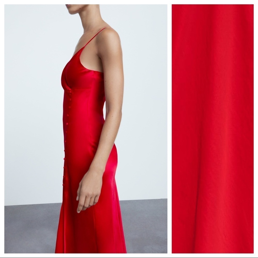 NWT. Zara Red Satin Camisole Strappy Slit Midi Dress. Size XS - Picture 2 of 10